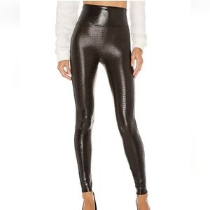 Spanx Faux Crocodile Glossy Brown Black Shine Leggings Moto Snakeskin Pants XL
